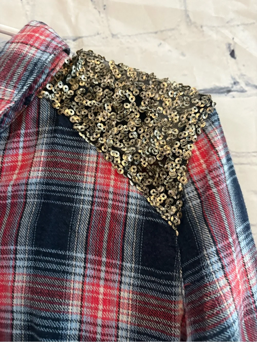 Free people plaid button down red white blue plaid gold sequins sz s